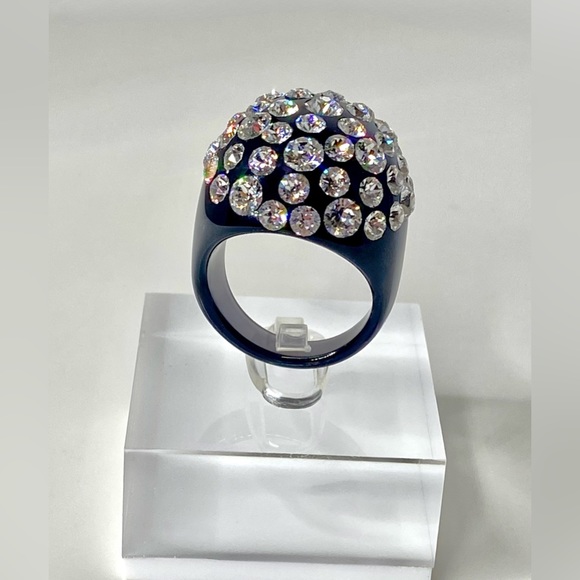 Women’s Black Acrylic Ring Embellished With Swarovski Crystal Stones, Dome Shape - Picture 11 of 15